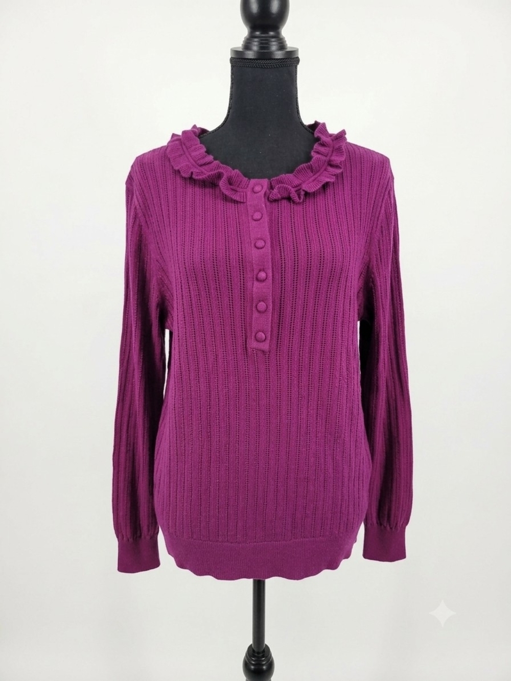 Talbots Purple Ruffled Collar Button-Front Sweater